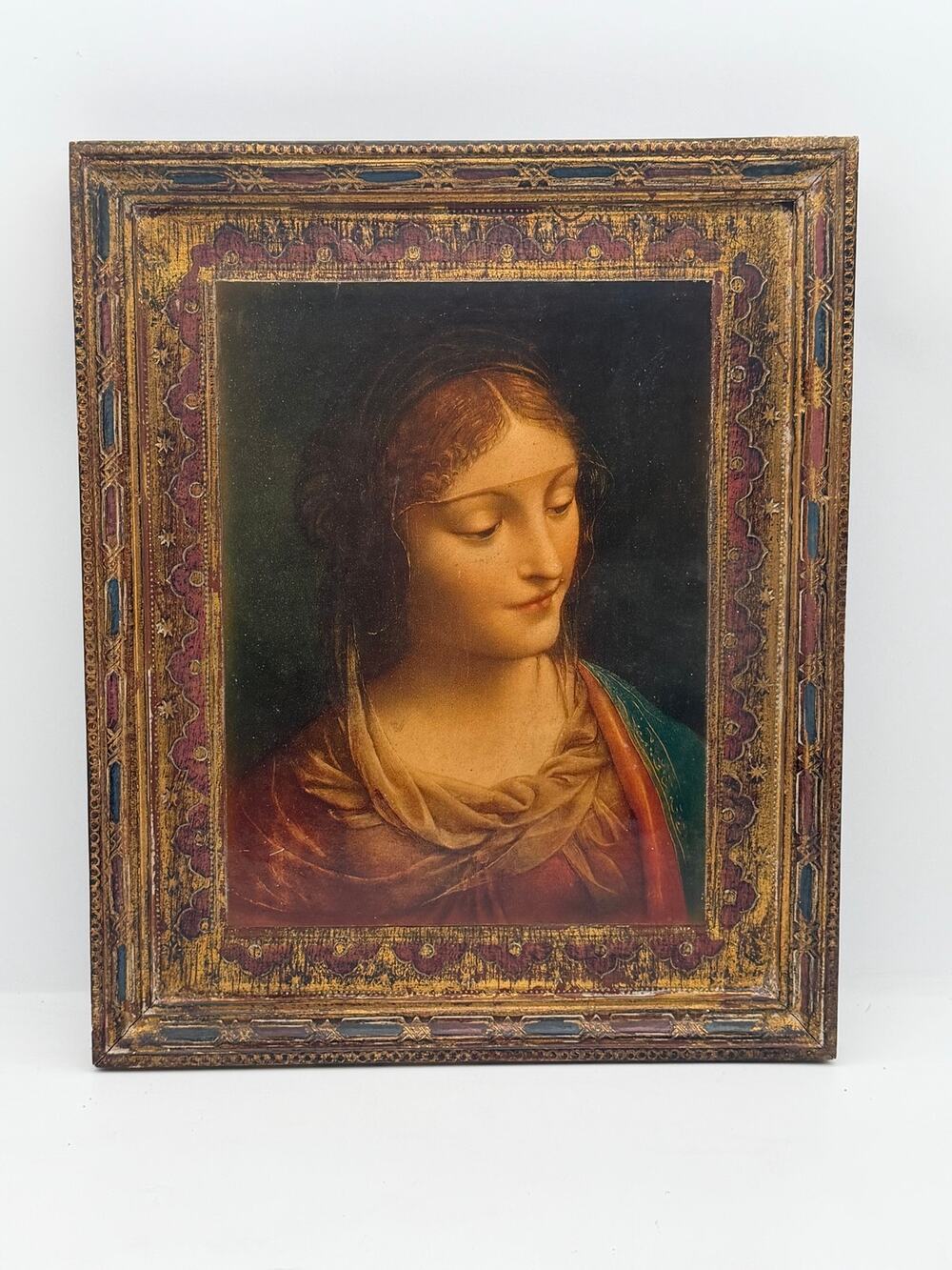 Vintage Italian Florentine Wooden Framed Madonna Art Print-Serraglini & Targetti